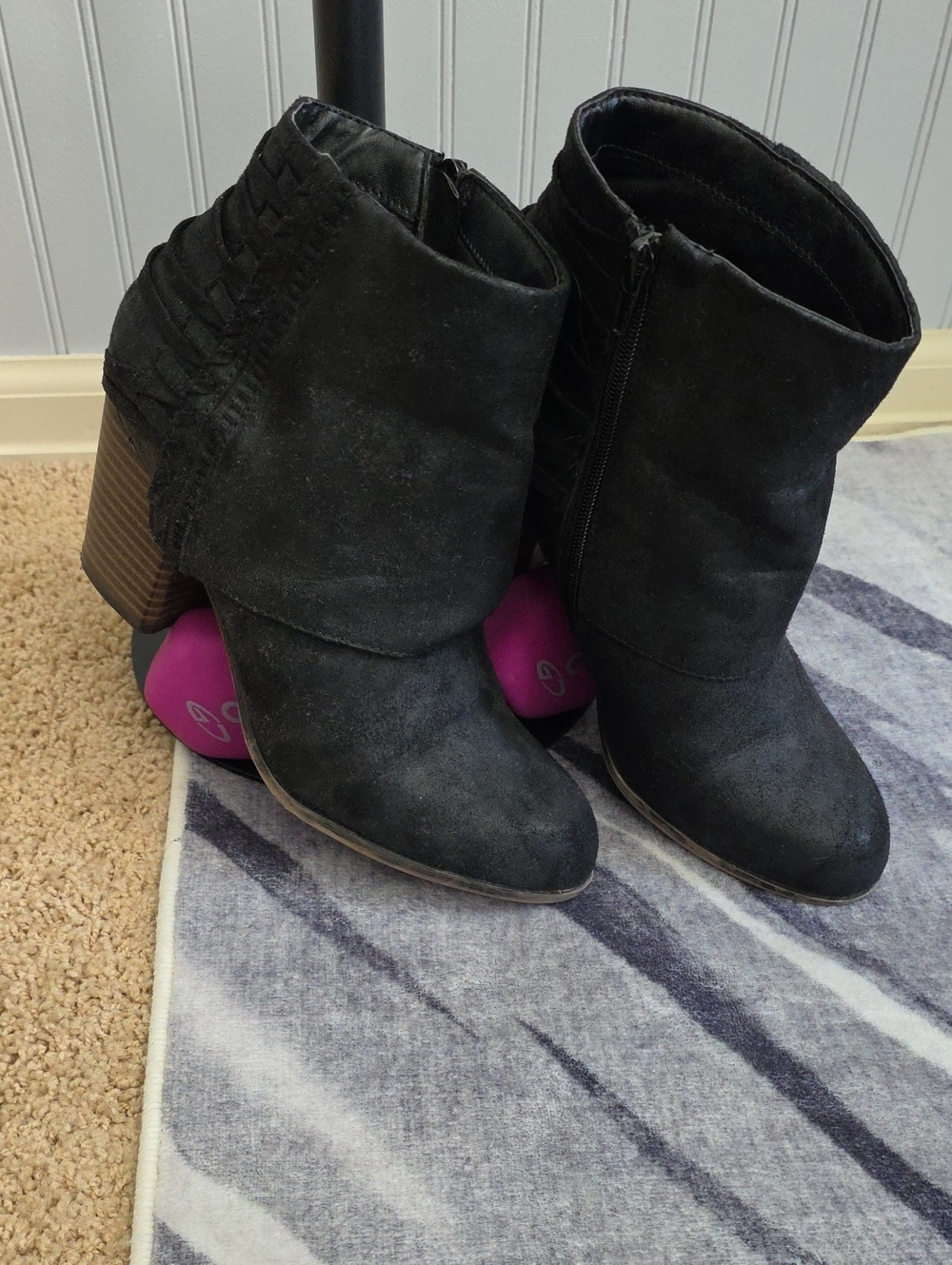 Fergalicious Black Suede-Look Ankle Booties with Stacked Heel